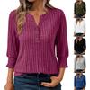 Women's Casual Top Solid Color V-neck Button Up Seven Quarter Sleeve Top