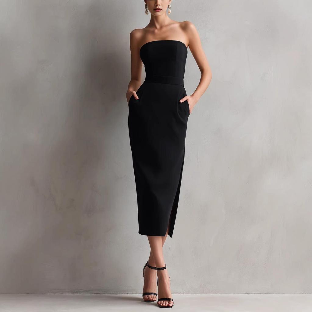 Luxury Women's Strapless Waist-Cinched Midi Skirt Dress with Slit and Pockets - Perfect for Formal Parties and Banquets.