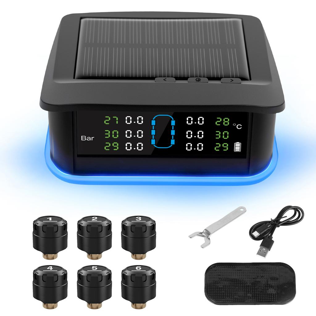 Tire Pressure Monitoring System, Solar Tire Pressure Monitor with 6 External Sensors, Ambient Light, Real time Display