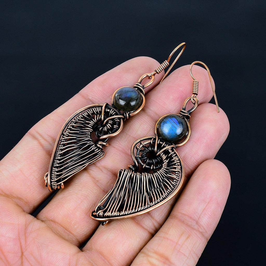 Labradorite 999 Copper Wire Wrapped Earrings, Handmade Gemstone Earrings Jewelry, Gifts For Wife Brand New Earrings