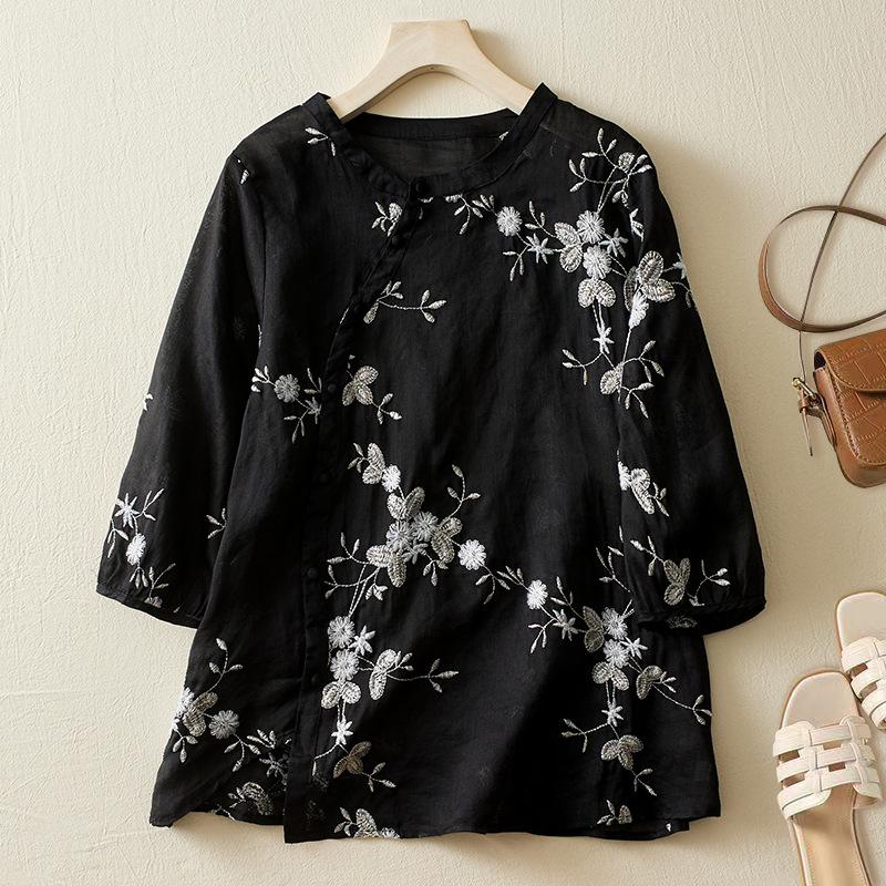 Летняя рубашка в стиле ретро в стиле Китайской Республики с диагональными пуговицами и тяжелой вышивкой. Женская одежда. Блузки и рубашки.