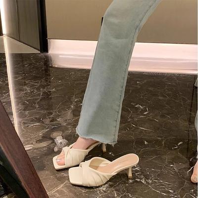 Виноградная мать то же самое французская квадратная голова плиссированное слово с мюли половинками женские минималистичные универсальные туфли-стилеты