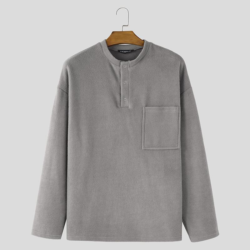 INCERUN Men Buttons Neck Long Sleeve Furry Casual Solid Loose T-shirts Tops