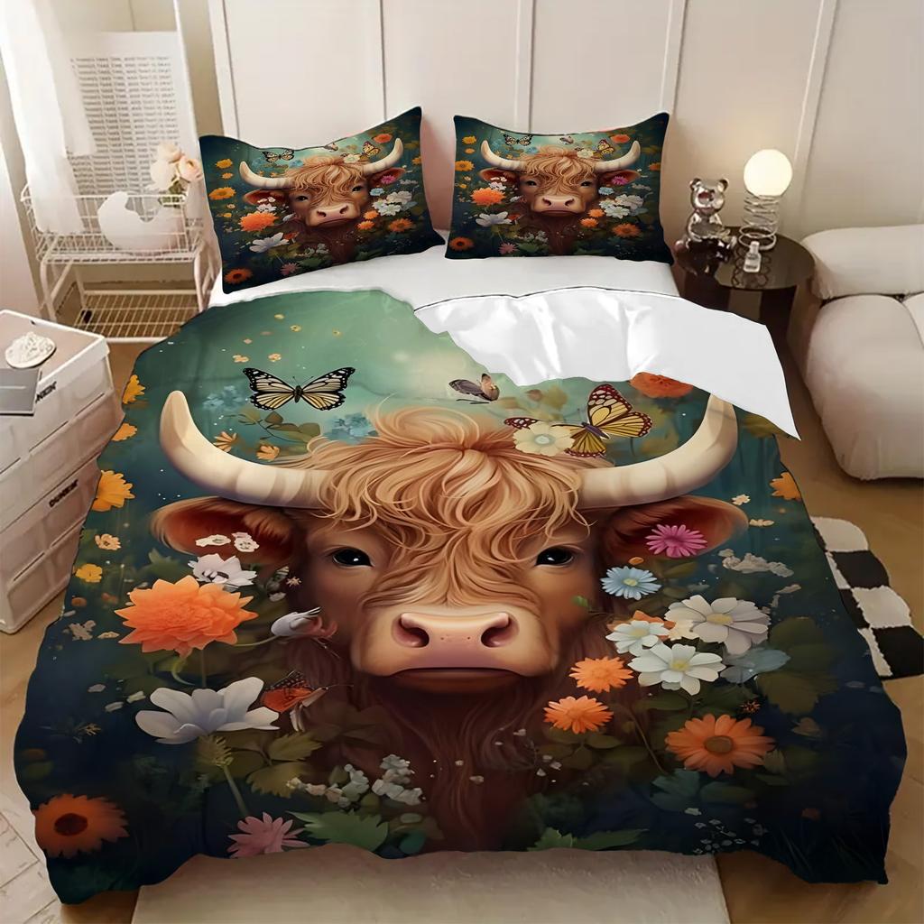 Cartoon Bull Flower 3D Printed Duvet Cover Set Lovely Wildlife Theme Bedding Set Soft Comfortable Luxury Quilt Cover Pillowcases