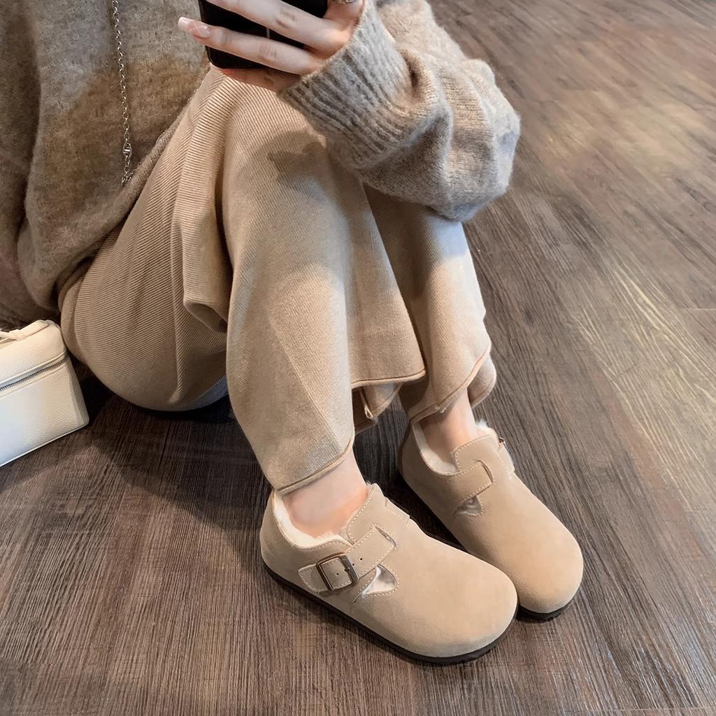 Туфли Gu Yunshu Retro Boken женские 2025 года, новые толстые подошвы Baotou One Pedal, осенние и зимние плюшевые тапочки, верхняя одежда