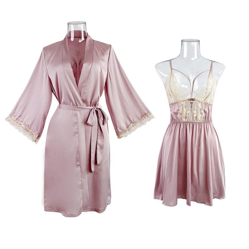 Чистое Желание Легкая Роскошь Кружевное Ночное Платье Тонкая Атласная Майка со Шнуровкой Халат Комплект для Дома 417 Элегантный Кокетливый Комплект из Двух Предметов для Роскошного Отдыха