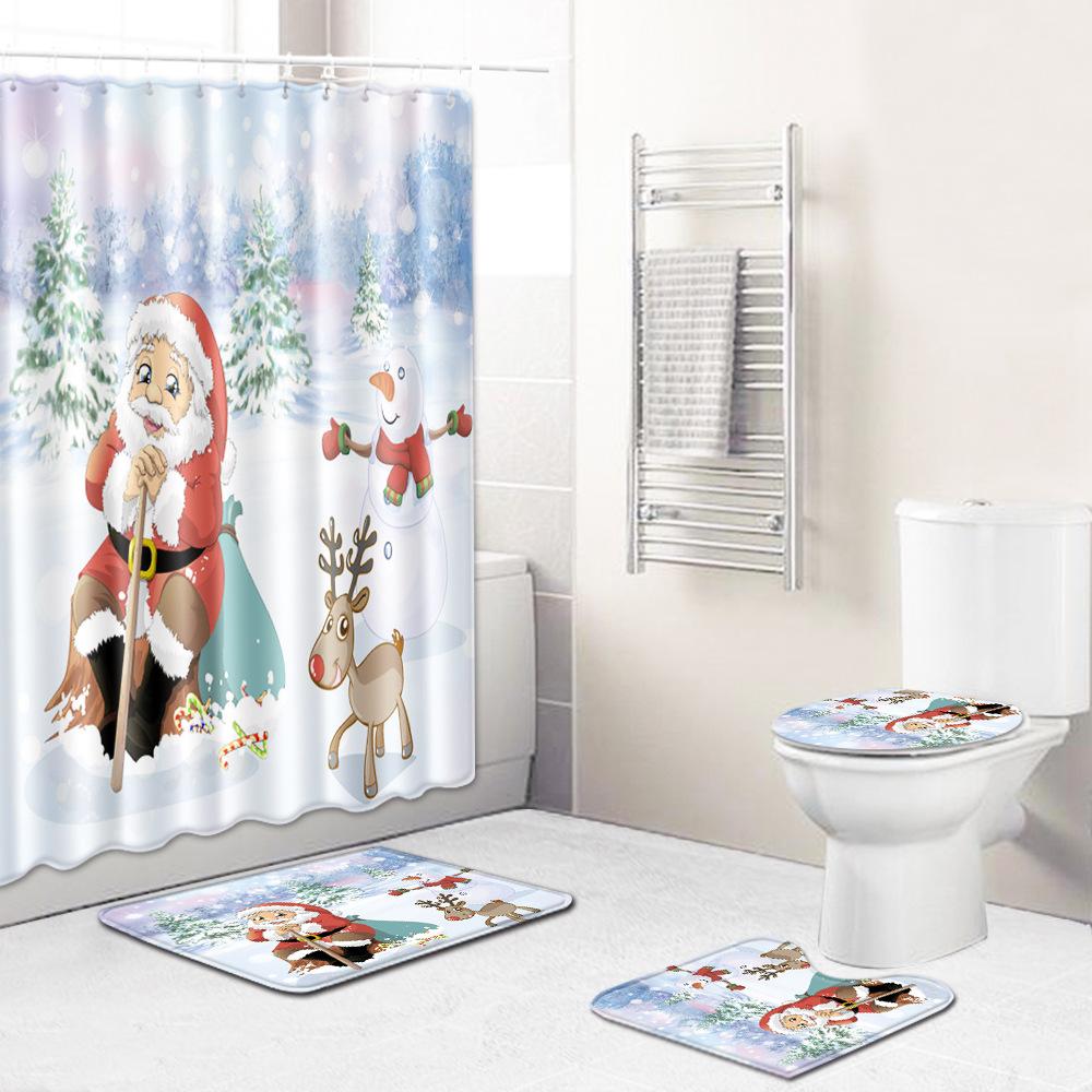 Christmas Shower Curtain Polyester Cloth Toilet Seat Four-Piece Set Entrance Door Mat Bedroom Living Room Floor Mat Carpet