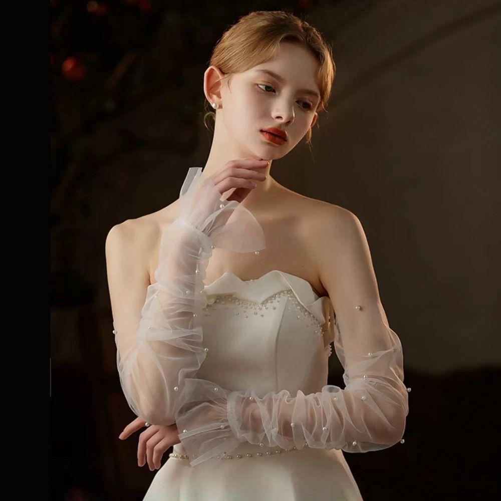 Белые Длинные Свадебные Перчатки Универсальные Складчатые Тюлевые Жемчужные Наручи Свадьба, Конкурс Красоты, Выпускной