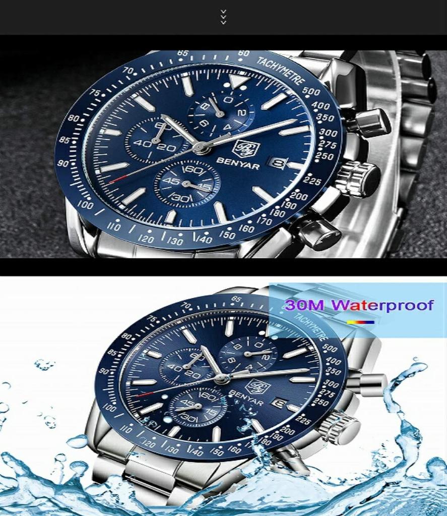 Последние часы BENYAR Chrono Black Blue Quartz Black Stopwatch Calendar Color Analog Type Wrist Watch Cool Stylish Heavy Luxury Cool Trend Popular