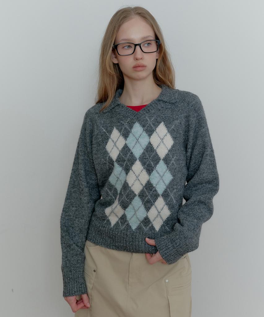 TMAKER Multi-Pattern Open Collar Knit Grey