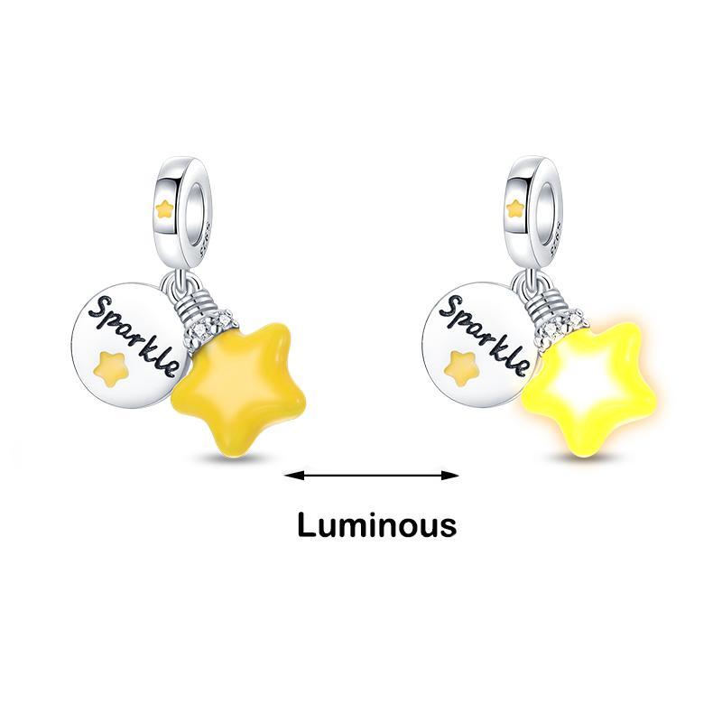 100% 925 Sterling Silver Firefly Star Bling Bling Blue Luminous Charms Beads Fit 925 Original Bracelets DIY Fine Jewelry