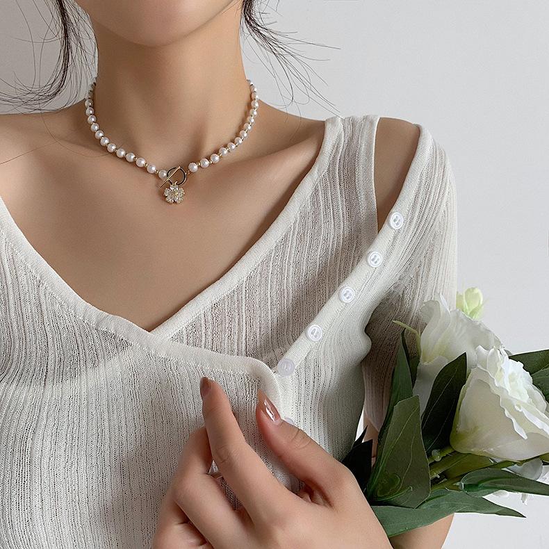 Zircon Flower Pearl Necklace Нишевый Дизайн 2025 Цепочка на Ключицы Летняя Универсальная Аксессуары с Застежкой OT