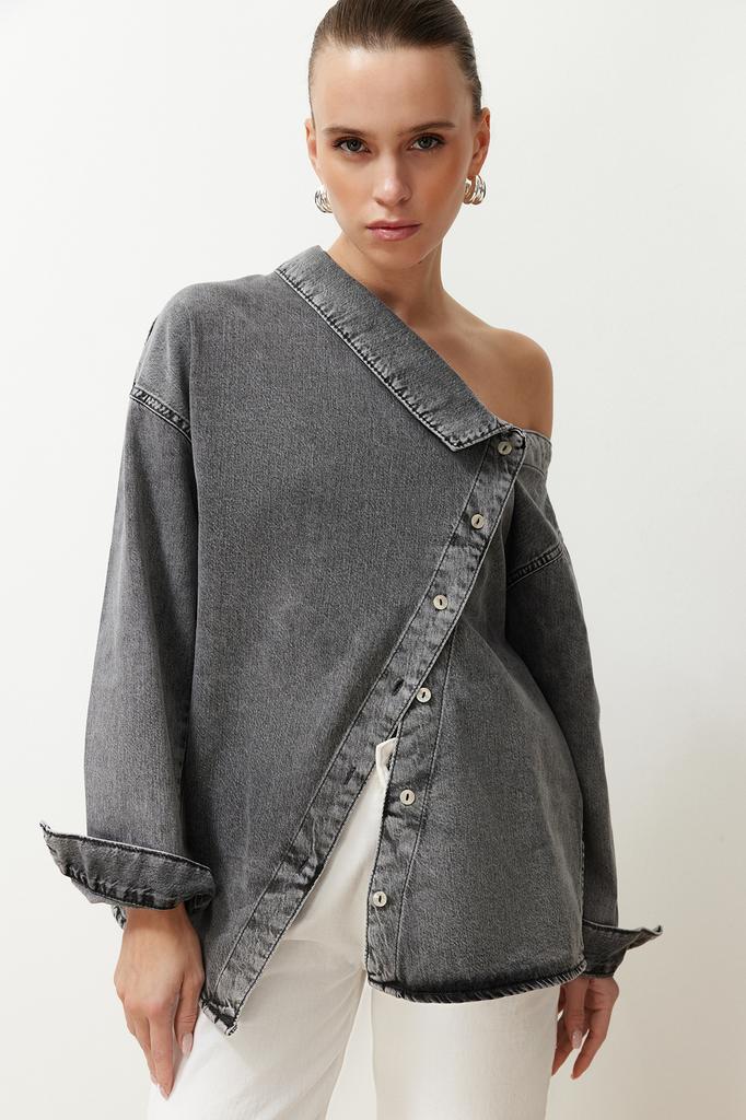 Women's Fashion New Shirt Black Asymmetrical Collar Detailed Denim Shirt