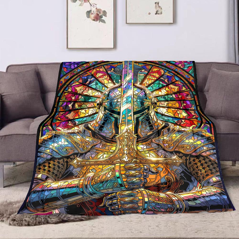 1PC Stained glass knight design printed blanket all seasons multi-purpose blanket suitable for sofa, camping, travel, car