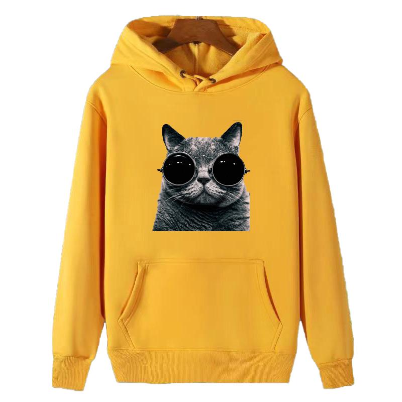 Sudadera con capucha de forro polar con estampado de gato de estilo retro para hombre, sudadera gruesa para otoño e invierno.