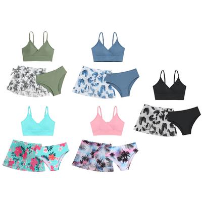 Купальные костюмы для девочек, мягкий купальник-бикини из 3 предметов с прикрытой юбкой с цветочным принтом, пляжный купальник-танкини для серфинга