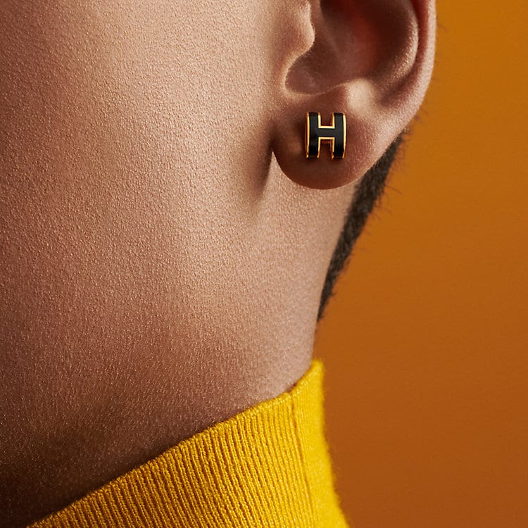 HERMES POP H Alloy Stud Earrings Women's Black, With Silver Inlay H608002FP03
