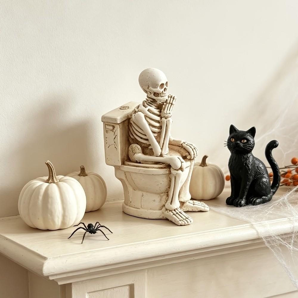 Resin Skeleton on Toilet Figurine Vintage Thinking Skeleton Ornament Home Decor