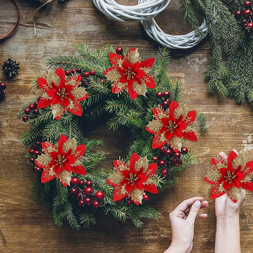 5/1Pcs Christmas Glitter Artificial Flowers DIY Christmas Tree Hanging Ornaments Fake Flower For Xmas New Year Party Decor Gifts