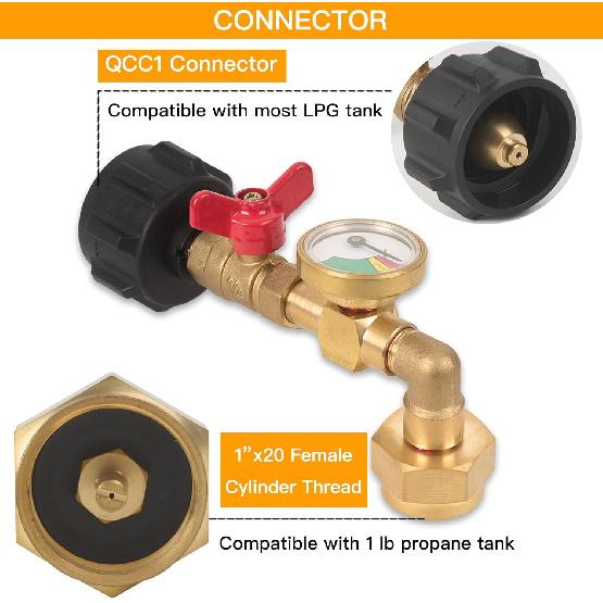 Brass Propane Refill Adapter For 1 Lb Tanks With Guage Convert 20 Lbs LPG Tank To 1Lb Propane Cylinder