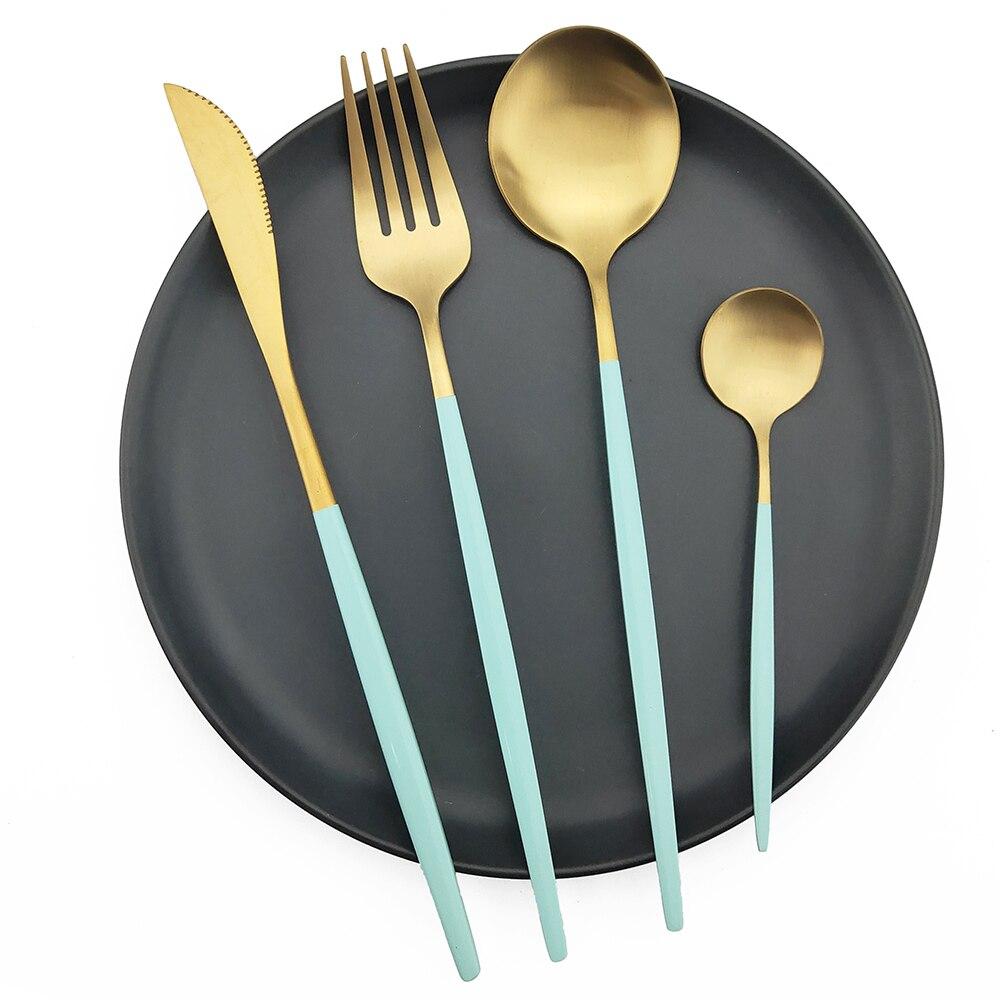Матовый летний мятно-зеленый золотой весенний набор столовых приборов для пикника, набор столовой посуды из нержавеющей стали, 24 шт., нож, вилка, ложка, набор посуды, кухонный ужин