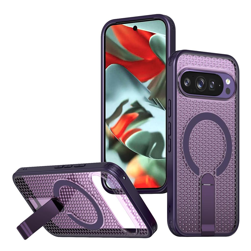 For Google Pixel 10 Pro XL Magnetic Case Kickstand Grid Texture TPU PC Phone Back Cover