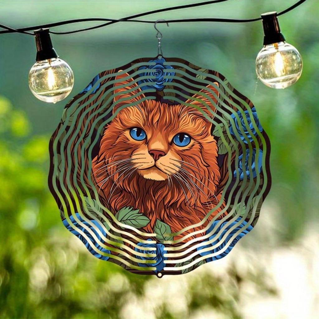 Metal Wind Chime with Rose and Cat Design Rotating Hook Weather Resistant Outdoor Garden Decor Perfect Gift for Cat Lovers