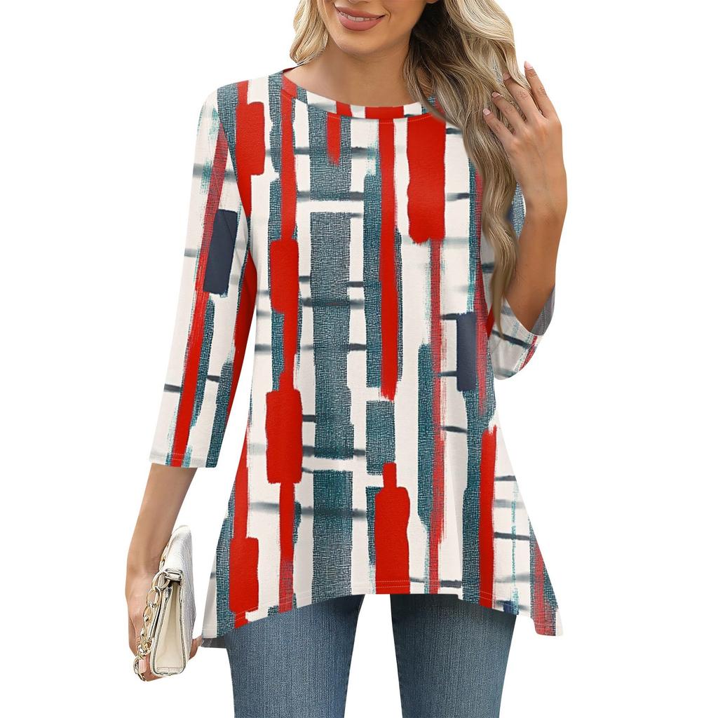 3/4 рукав туника топы для женщин принтованный повседневный выходной свободный крой модная базовая футболка с круглым вырезом