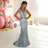 Women Evening Dress Deep V Neck Slim Fit Backless Sleeveless Shiny Sequin Fishtail Hem Floor Length Maxi Dress Prom Party Ball Gown