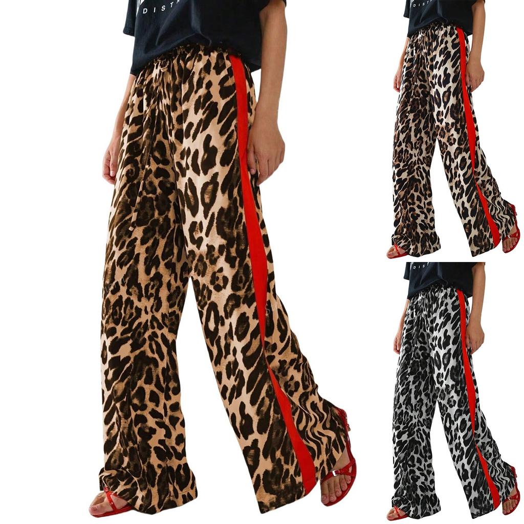Женские повседневные брюки с завязками на шнурке, леопардовым принтом, цветными полосками по бокам, прямые широкие свободные брюки