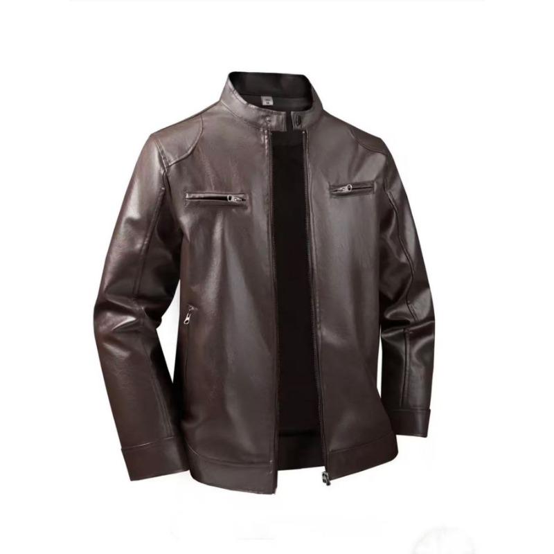 Mens Blue Stand Collar Faux Leather Biker Jacket