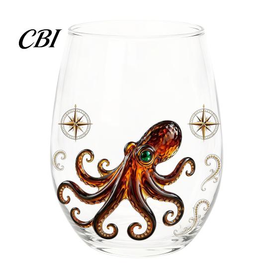 Ocean Lover Birthday Gift Handcrafted Glass Cup, Unique Marine Animal Theme Print Artisan Hand Blown Cup Bar Tumbler, Decorative Glassware for