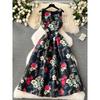 Court Style Dress Women's 2024 New Arrival Retro Print Silm Mid Length Long Length Large Swing Sleeveless Vest Dress Women's Dress