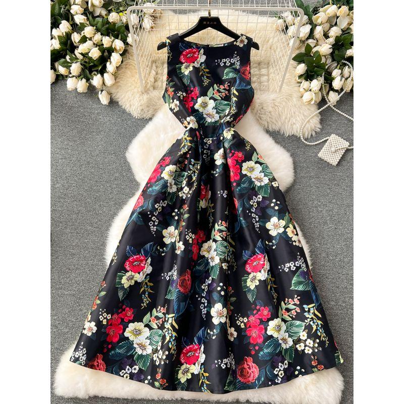 Court Style Dress Women's 2024 New Arrival Retro Print Silm Mid Length Long Length Large Swing Sleeveless Vest Dress Women's Dress