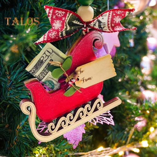 Handmade Wooden Money Holder Christmas Tree Reindeer Money Clip Wallet Ornament with Blessing Placing Money Dispenser for Christmas Tree Home