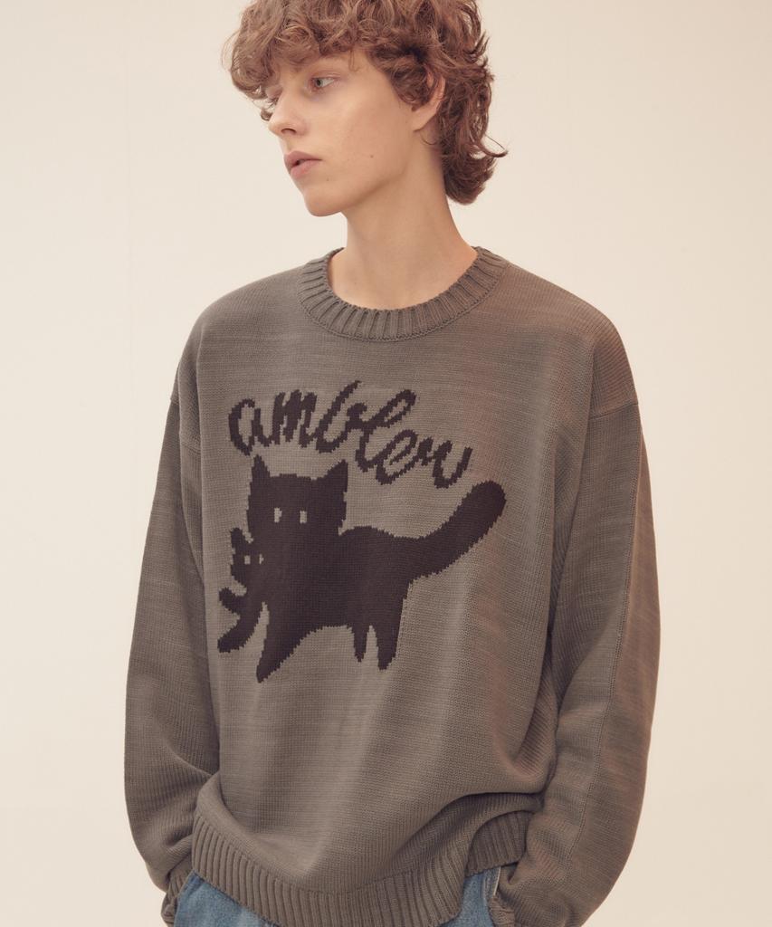 AMBLER Кошка Кусающая Кошку Свитер с Круглым Вырезом Вязаный Akn501 (Серый)