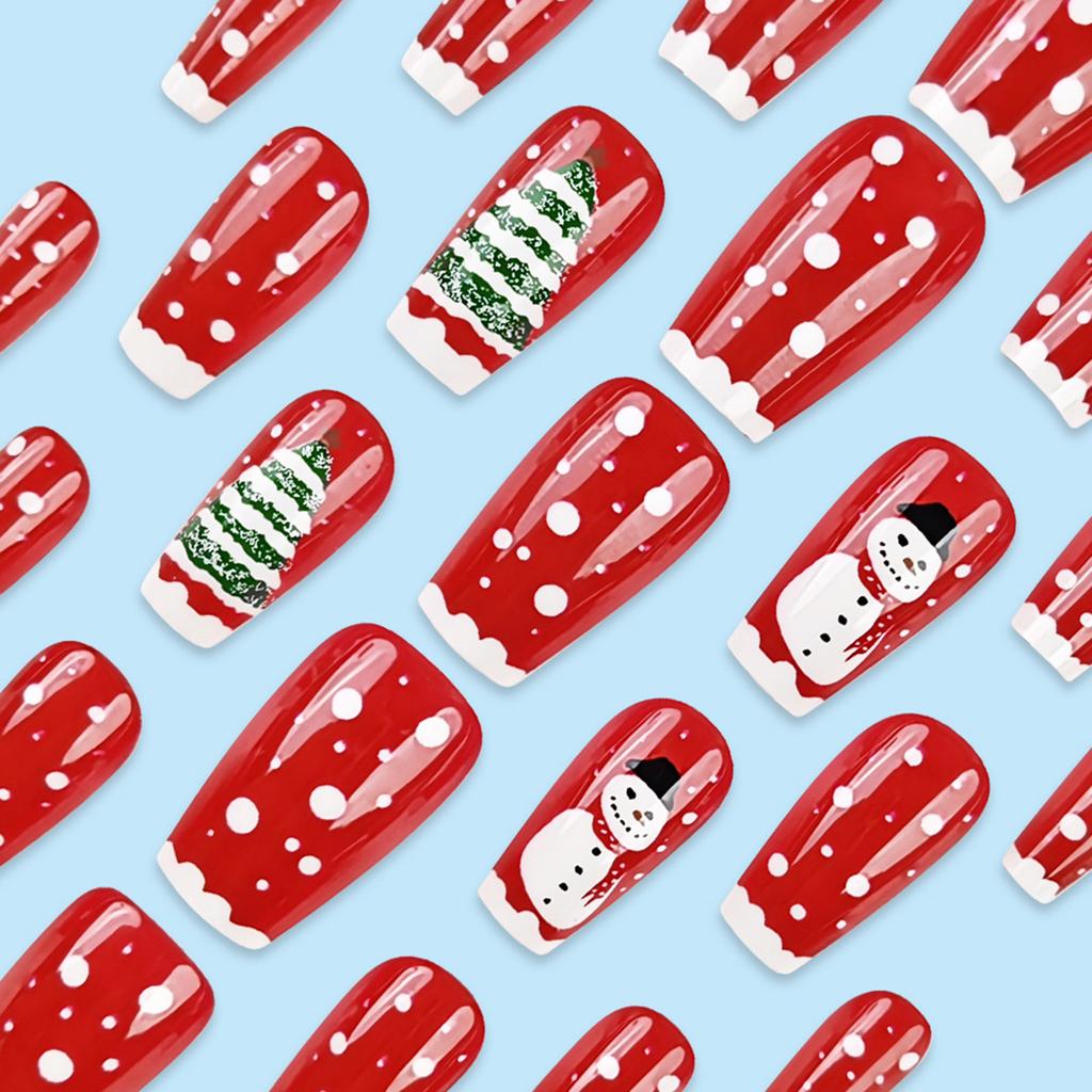 White Tips Press On Nails Christmas Theme Fake Nails with Snowman Pattern for Stage Performance Wear