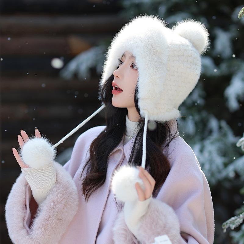 Шапка женская флисовая с кроличьей шерстью, вязаная шерстяная шапка, зимняя утолщенная теплая шапка Lei Feng, велосипедная шапка-ушанка