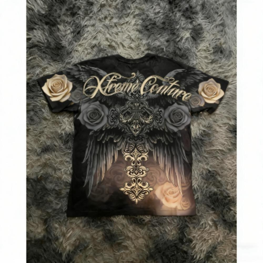 Summer Men's T-shirt Gothic Rose Cross Wing Print Tees Round Neck T-shirt Outdoor Street Style Top Casual Women's Clothing