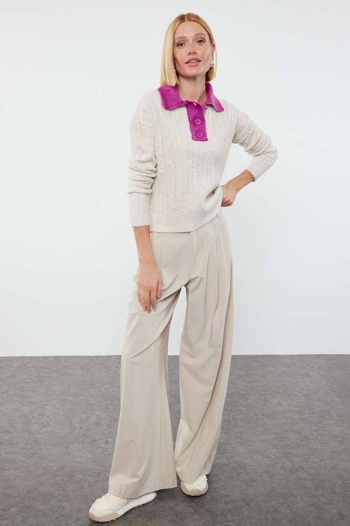 Women's Fashion Stylish Sweater Stone Soft Textured Polo Neck Color Blocked Knitwear Sweater