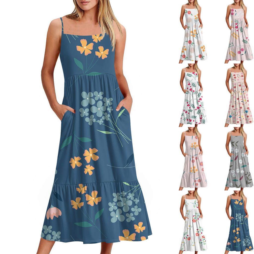 Women's Long Beach Casual Elegant Spaghetti Strap Maxi Dress Floral Low-key Flowing Bohemian Dress
