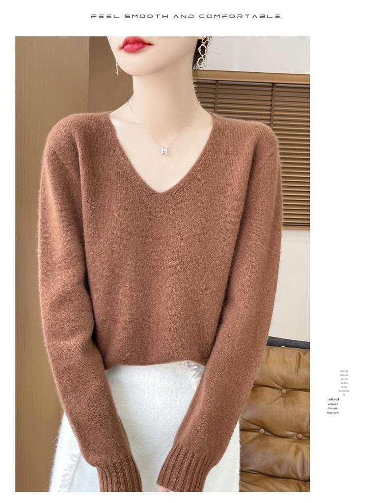 Minimalist 100% Wool V-Neck Sweater: Seamless, Solid Color, Long Sleeve, New Women's Knit