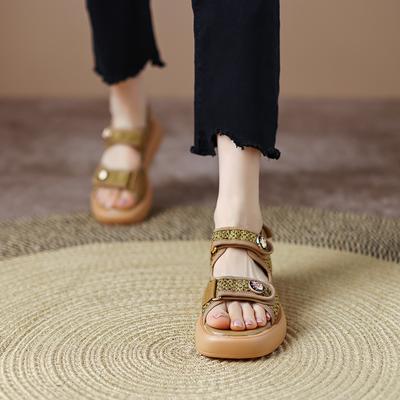 Женская обувь, сандалии из натуральной кожи, римские туфли на плоской подошве, кожаные туфли среднего размера, повседневные однотонные туфли из коровьей кожи 4 см