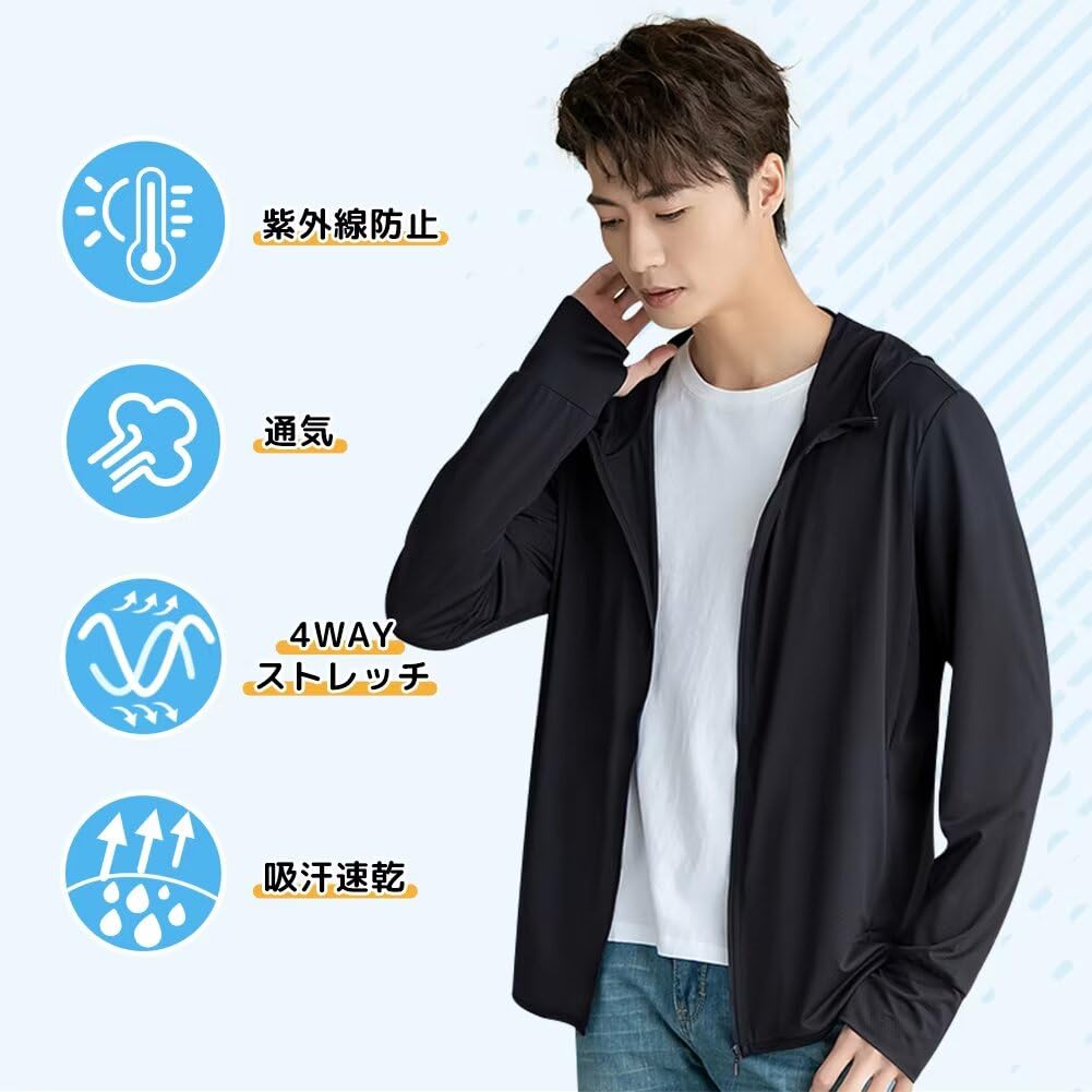 Muxuryee Men's Rash Guard, Sunscreen Hoodie, Quick-Drying, Zip-Up Hoodie with UV Protection, Cooling Touch, Summer, Plus Sizes, 2099 BK XL