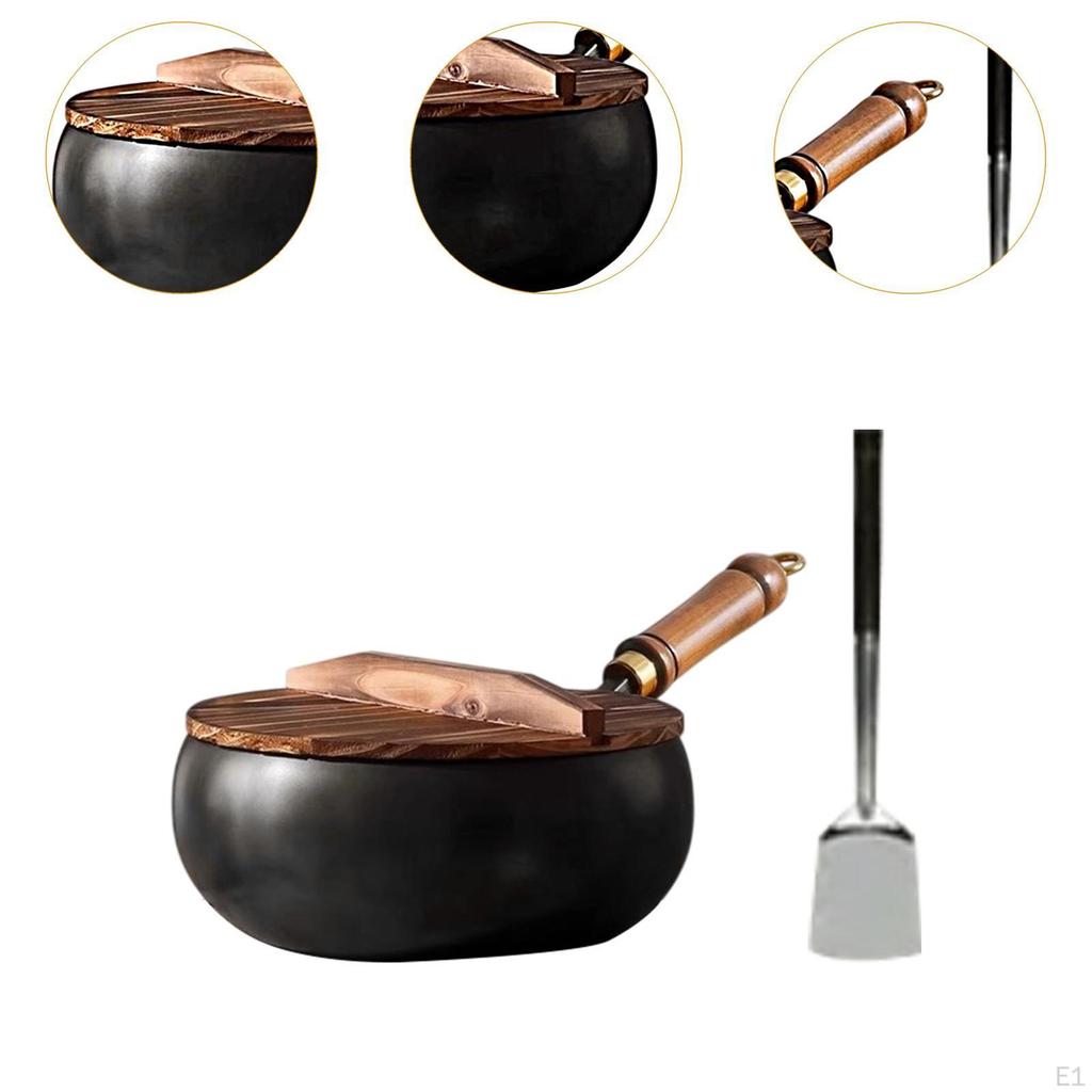 9,45-дюймовая сковорода Wok Stir Fry с деревянной крышкой, газовая посуда для кипячения и жарки с плоским дном для дома