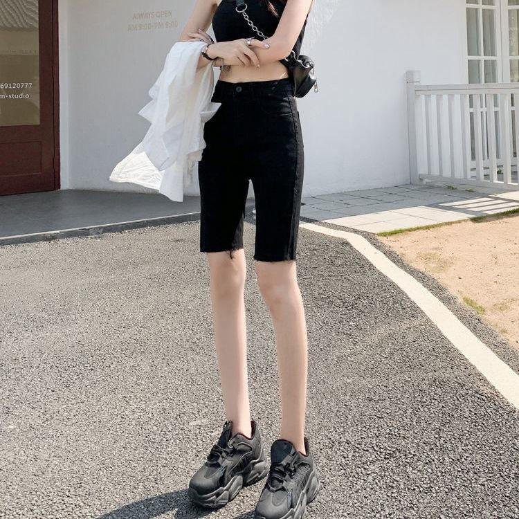 Шорты из эластичного денима с высокой талией, женские, лето 2025, новые, средней длины, облегающие, узкие, утягивающие, верхняя одежда, штаны для велоспорта с пятью точками, низ