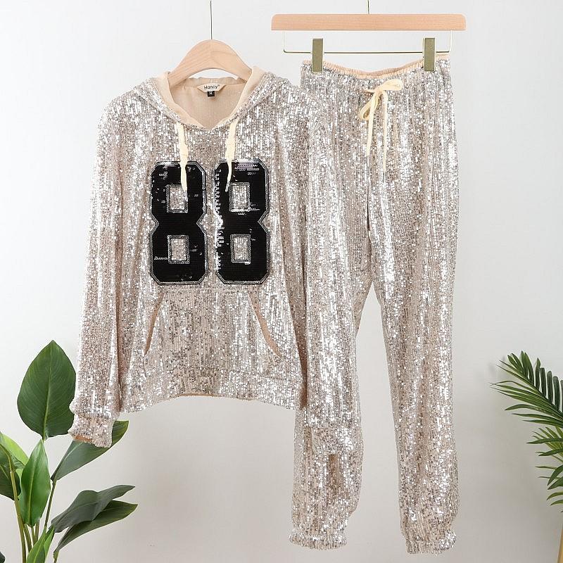 Fashion Casual Lady Temperament Sweater Suit Two-piece Summer Sequined Women's Clothing