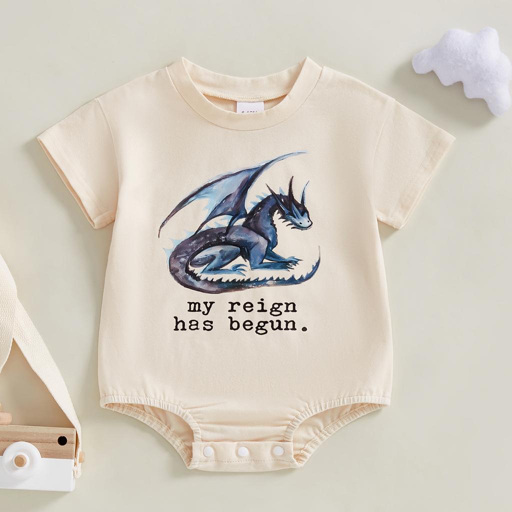 Baby Boy Summer Casual Jumpsuit Short Sleeve Round Neck Letter Dragon Print Loose Fit Romper