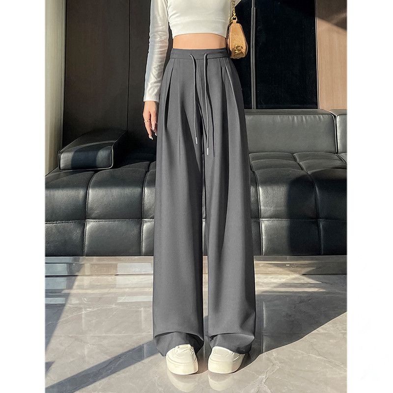 Trendy Spring Gray Suit Wide Leg Pants Women, High Waist Loose Fit Straight-leg Casual Trousers for Pear-shaped Body