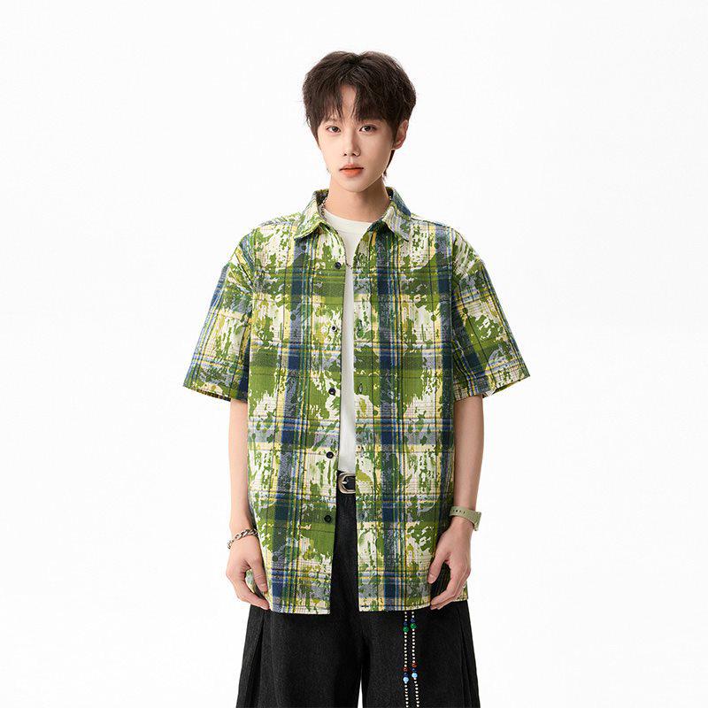 Мужская летняя рубашка с коротким рукавом в стиле тай-дай и color block - Свободный повседневный топ в гонконгском стиле